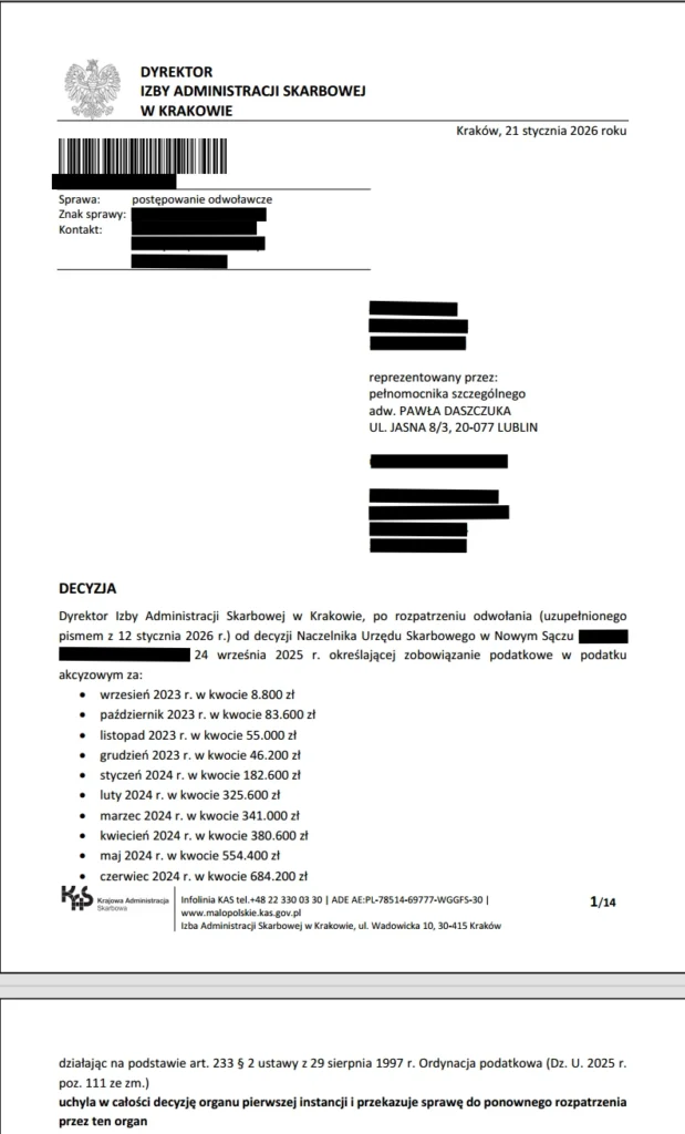 Decyzja Dyrektora Izby Administracji Skarbowej w Krakowie w sprawie akcyza glikol gliceryna gorilla