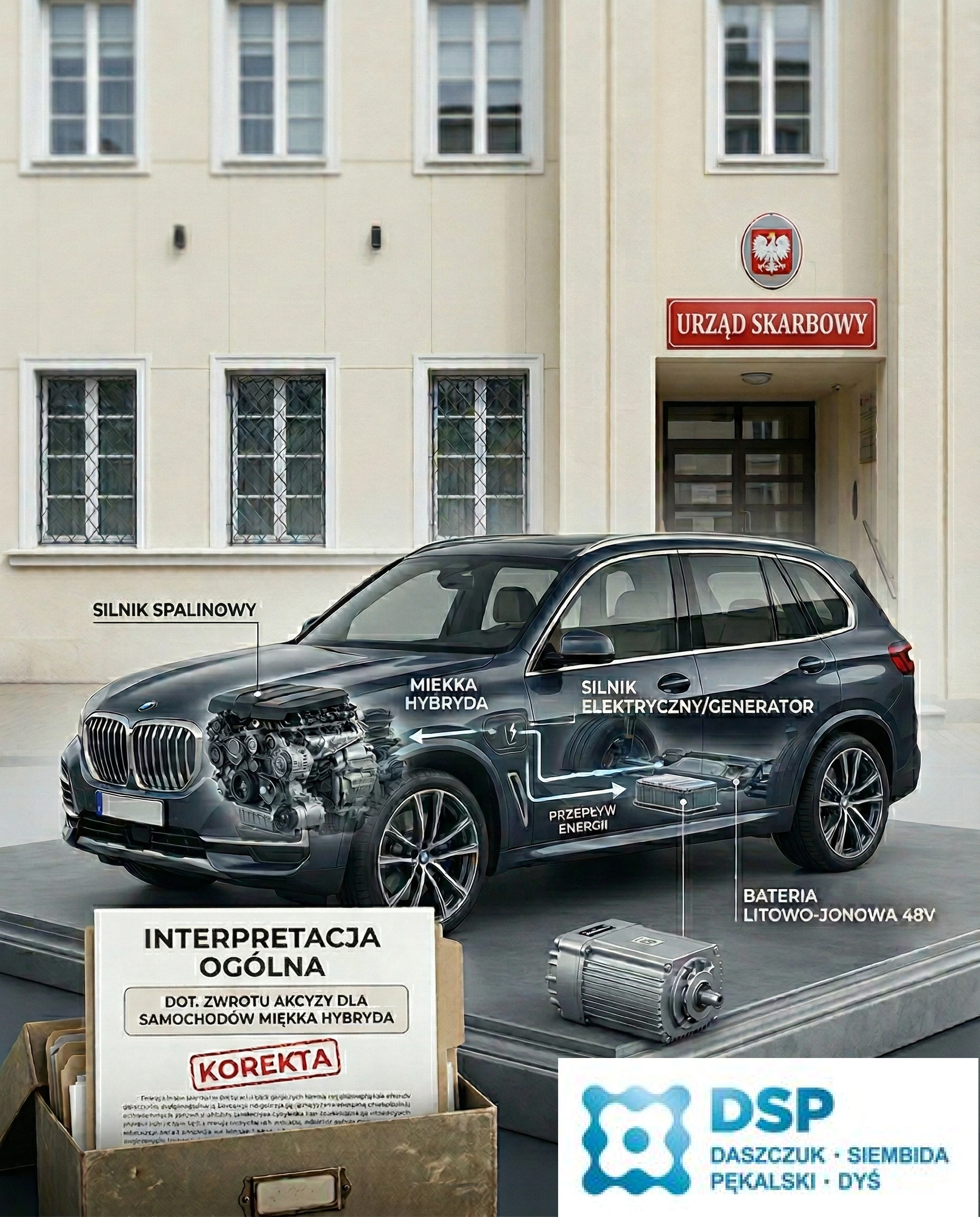 Adwokat z Lublina analizujący dokumenty dotyczące zwrotu akcyzy od miękkiej hybrydy na tle nowoczesnego samochodu MHEV